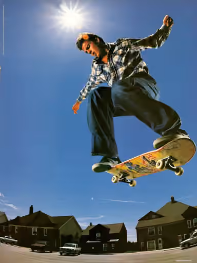 Skateboard bullet-time orbit shot with bright daylight and lens flare.
